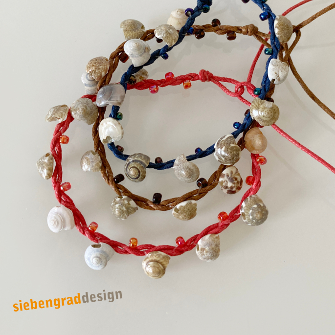 3er Set - Perlen Armbänder - Baumwollband + Schneckenhäuschen + Perlen - Set 2