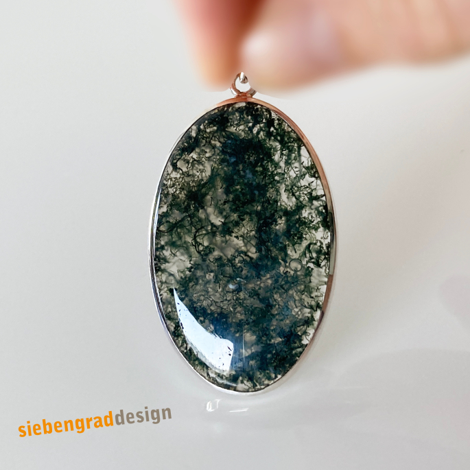 Silber-Anhänger - Moosachat -  gross - oval -  schlicht - Silber 925