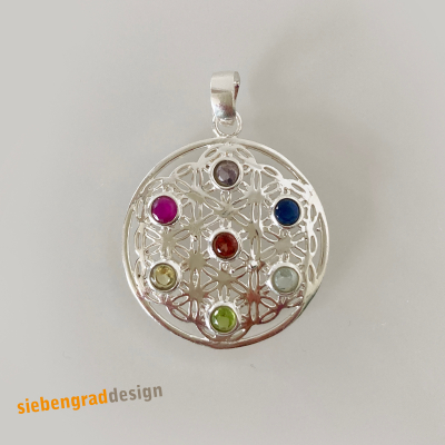 Chakra Anhänger - Blume des Lebens - klein - 7 Chakra Steine - Yoga - Silber 925