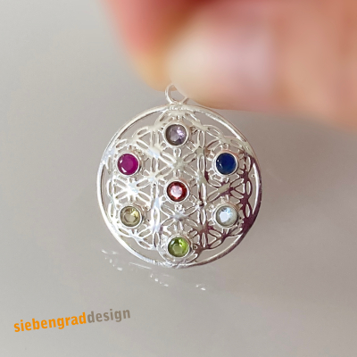 Chakra Anhänger - Blume des Lebens - klein - 7 Chakra Steine - Yoga - Silber 925