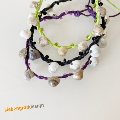 3er Set - Perlen Armbänder - Baumwollband + Schneckenhäuschen + Perlen - Set 1