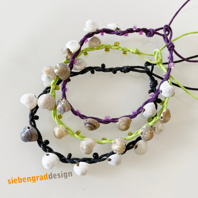 3er Set - Perlen Armbänder - Baumwollband + Schneckenhäuschen + Perlen - Set 1