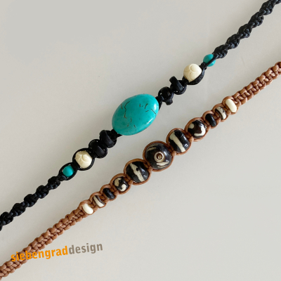 2er Set - Perlen Armbänder - Türkis + Braun - gewachstes Baumwollband + Holz-Perlen - Set 2