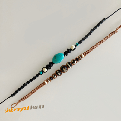 2er Set - Perlen Armbänder - Türkis + Braun - gewachstes Baumwollband + Holz-Perlen - Set 2