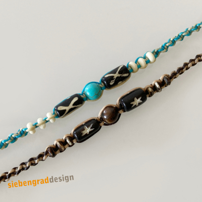 2er Set - Perlen Armbänder - Türkis + Braun - gewachstes Baumwollband + Holz-Perlen - Set 1