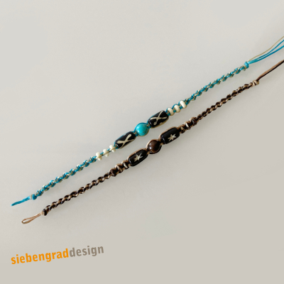 2er Set - Perlen Armbänder - Türkis + Braun - gewachstes Baumwollband + Holz-Perlen - Set 1