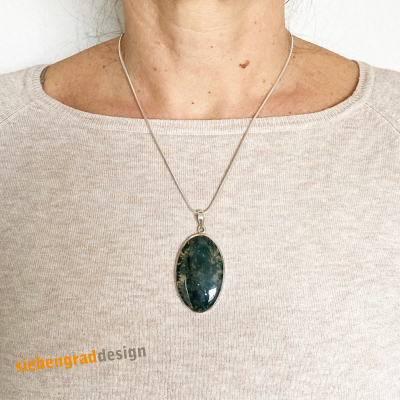 Silber-Anhänger - Moosachat -  gross - oval -  schlicht - Silber 925